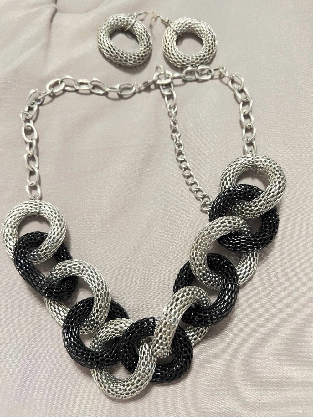 Silver & Black Statement Link Necklace and Earrings Set